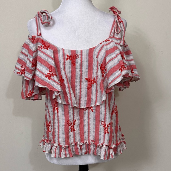EUC MISA LA White Red Stripes Off Shoulder Tie Straps Oversize Collar Pullover L - Picture 7 of 12